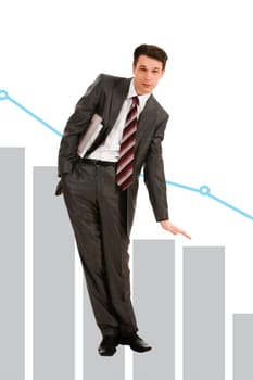 Creative photo of troubled businessman showing slide on graph