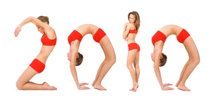 Image of young girl practicing physical exercises with her positions looking like numbers