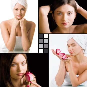 Collage of charming woman with fresh pink rose and after bath