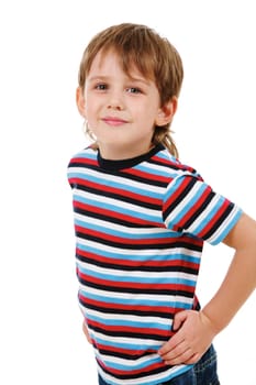 Portrait of smiling boy looking at camera on a white background