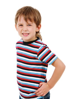 Portrait of smiling boy looking at camera on a white background