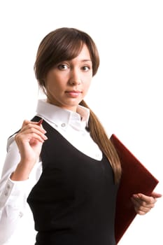 Portrait of elegant businesswoman with folder in hand looking at camera