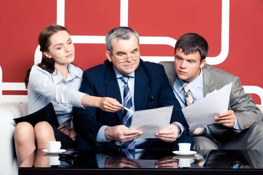 Serious men looking with interest into business plan in chiefs hands at which pretty woman pointing while sitting on sofa