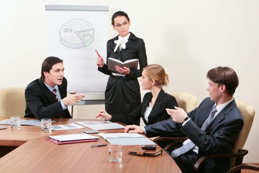 Image of successful people sitting around table and sharing experience with elegant female listening to them attentively
