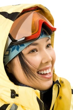 Profile of smiling girl with sport glasses