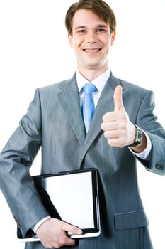 Portrait of happy businessman holding the laptop and showing sign of okay