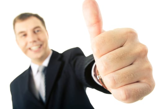 Businessman showing thumb up as a sign of successful deal
