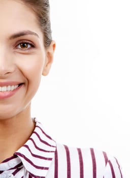 Half of face of smiling businesswoman looking at camera in isolation