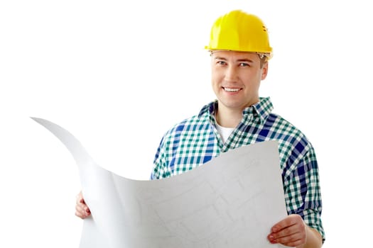 Portrait of a smiling worker in helmet holding a plan