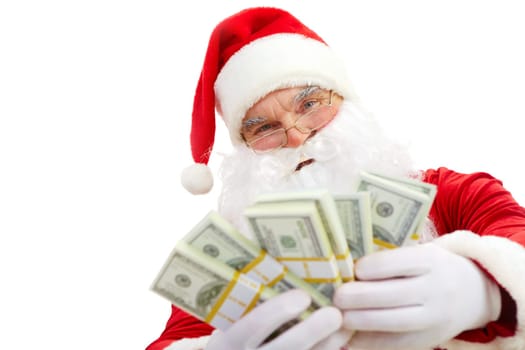 Photo of happy Santa Claus with dollar bills looking at camera