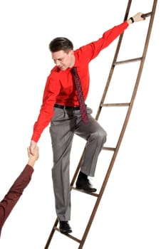 Image of confident businessman on ladder and supporting man