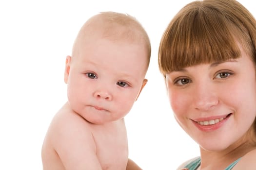 Image of pretty woman with her little baby on white background