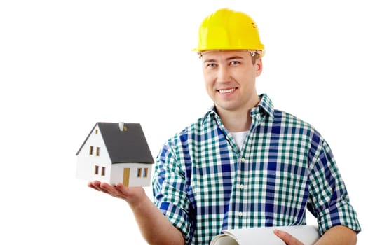 Portrait of a cheerful architect holding a house model