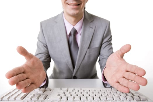 Photo of inviting businessman sitting at the table