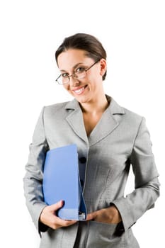 Portrait of elegant businesswoman with folder in hand looking at camera and smiling