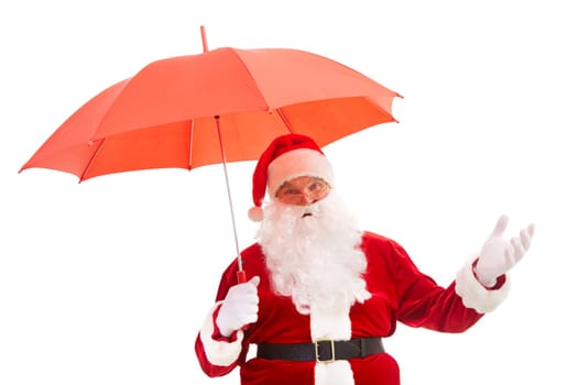 Photo of happy Santa Claus with red umbrella in isolation