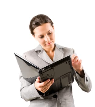 Portrait of businesswoman holding laptop isolated on white background
