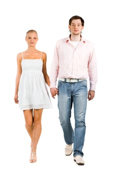 Handsome guy taking a walk with lovely girlfriend over white background