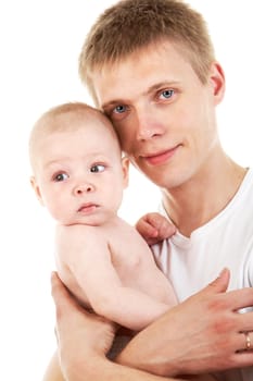 Portrait of loving father holding his baby son