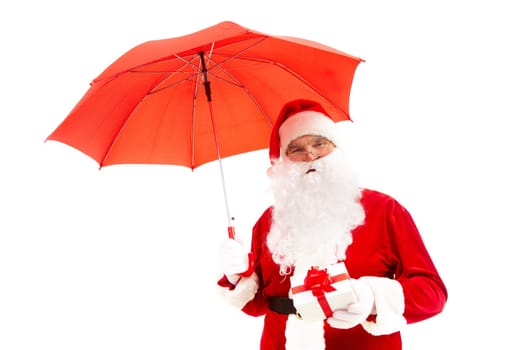 Photo of happy Santa Claus with red umbrella and giftbox in isolation