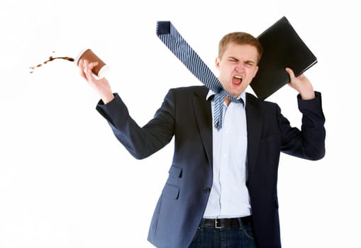 Portrait of young businessman showing disgust after tasting coffee