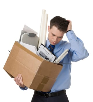Portrait of sad businessman leaving work on a white background