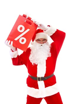 Photo of happy Santa Claus with red package full of giftboxes