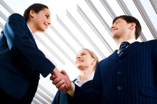 Portrait of business people shaking hands making an agreement