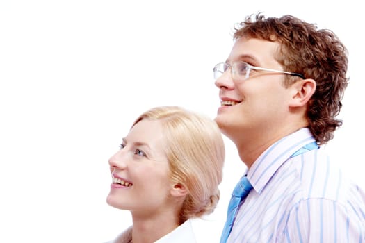Portrait of successful business partners looking forwards over white background