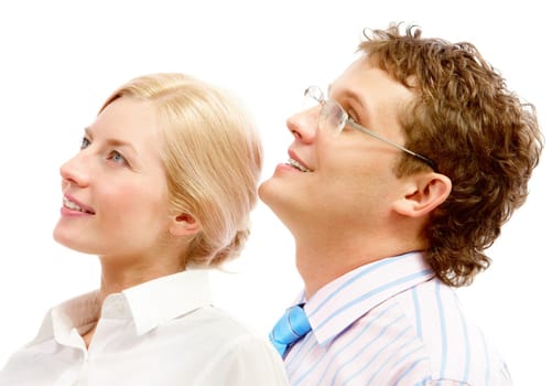 Portrait of successful business people looking forwards over white background