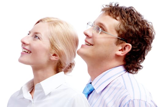 Portrait of successful business partners looking forwards over white background