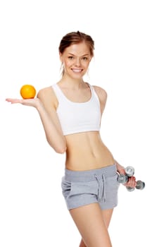 Portrait of slim young woman orange and dumbbells