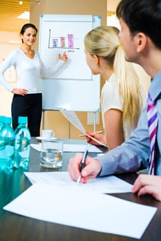 Image of businesswoman demonstrating her project to business partners at seminar