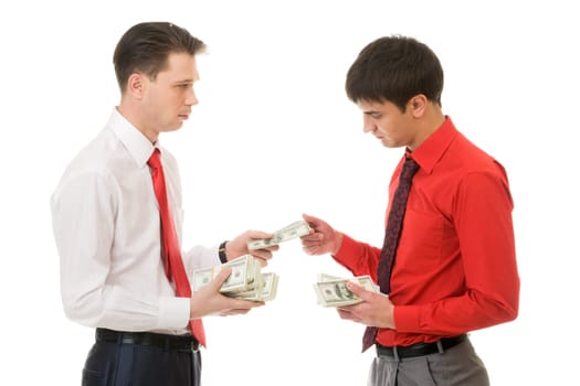 Portrait of two partners making bargain on a white background