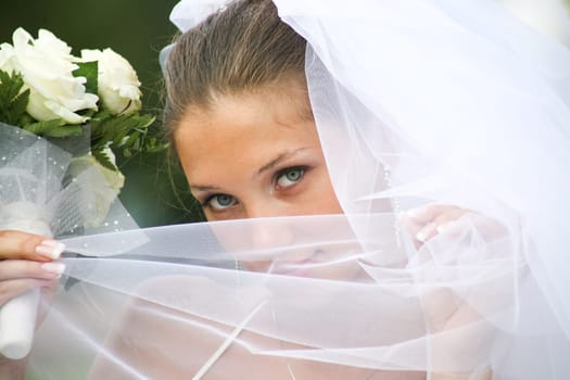 Close-up of young green-eyed bride holding veil by her face and looking at camera
