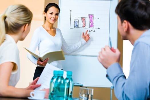 Portrait of confident woman demonstrating her project pointing to the whiteboard