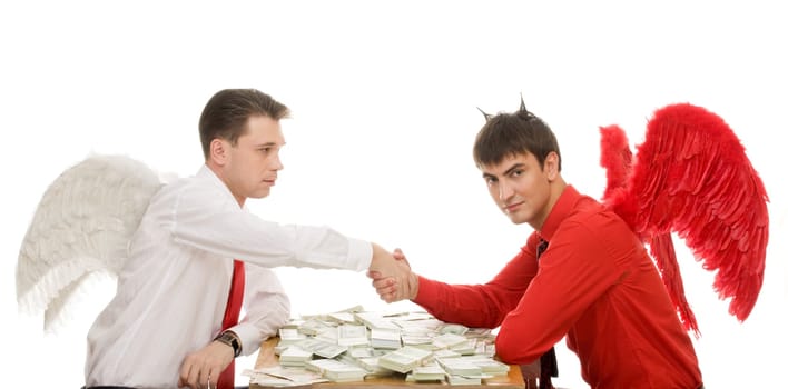Image of deal between god and devil over table with dollars