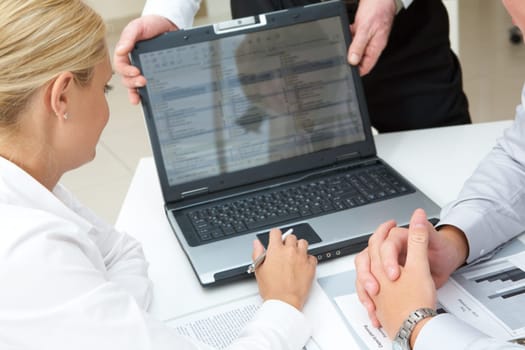 Image of young partners looking at laptop screen during presentation
