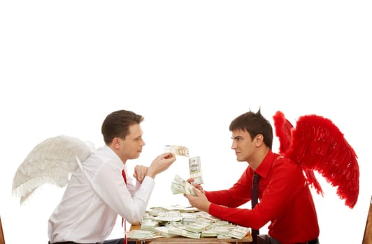 Business metaphor: demon offering white angel to strike a deal
