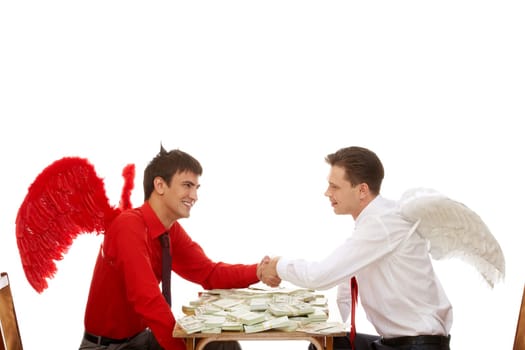Image of deal between god and devil over table with dollars