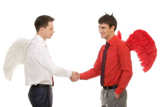 Handshake of god and devil isolated on white background