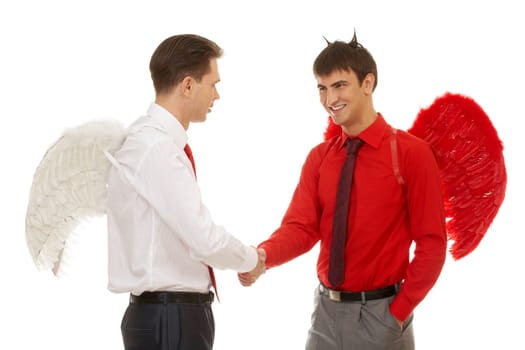 Handshake of god and devil isolated on white background