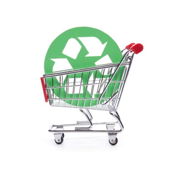 Socially responsible consumerism - buy recycled (environment-friendly) products concept. Shopping cart (shopping trolley) with green recycled symbol.