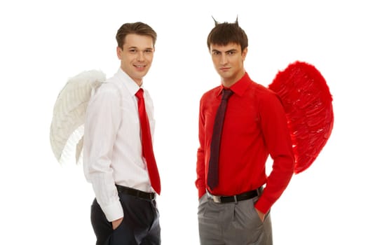 Image of good and evil men looking at camera on white background