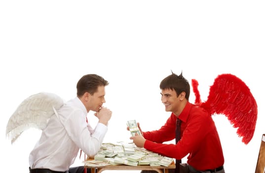 Business metaphor: demon offering white angel to strike a deal