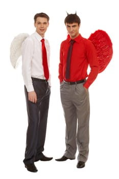 Image of good and evil men looking at camera on white background