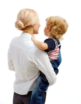 Image of pretty female holding her youthful son in isolation