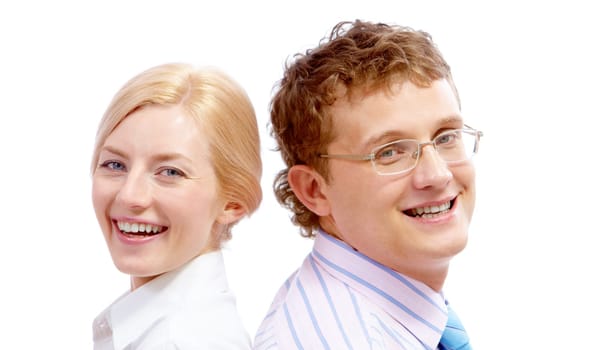 Portrait of successful business partners looking at camera over white background