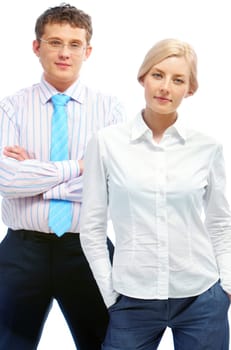 Portrait of successful woman and man standing and looking at camera