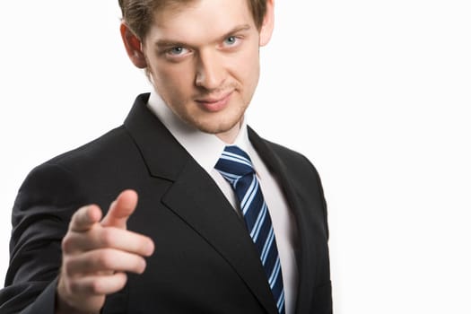 Image of happy man pointing at you isolated over white background